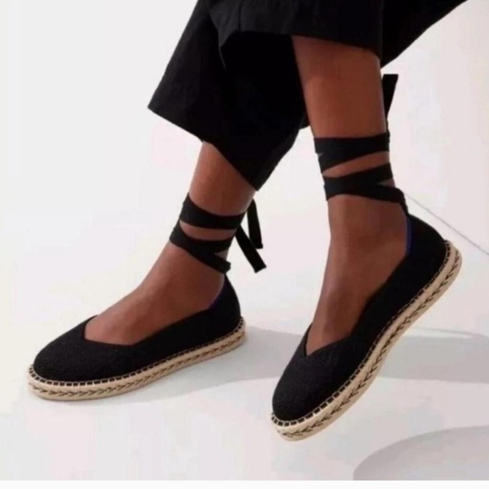 Rothy's Black Espadrille Ballet Flats with Lace-Up Ankle Ties